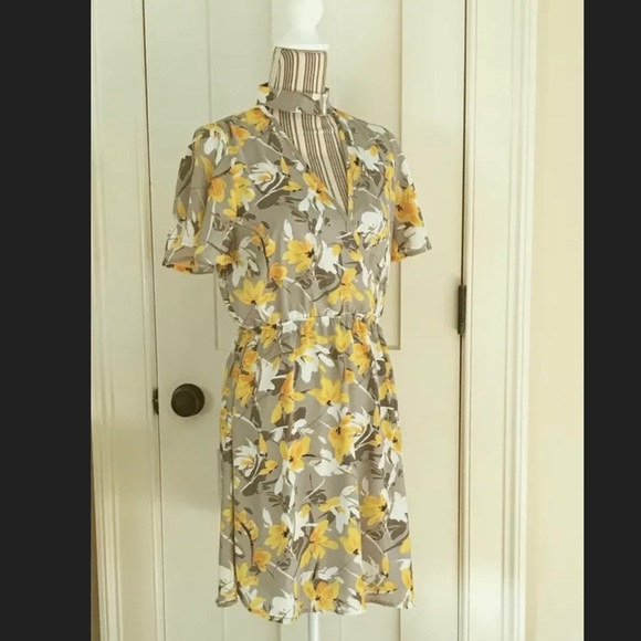 Floral Choker Collar Surplice V Elastic Waist Day Dress Peach Love S Grey Yellow - Picture 5 of 16
